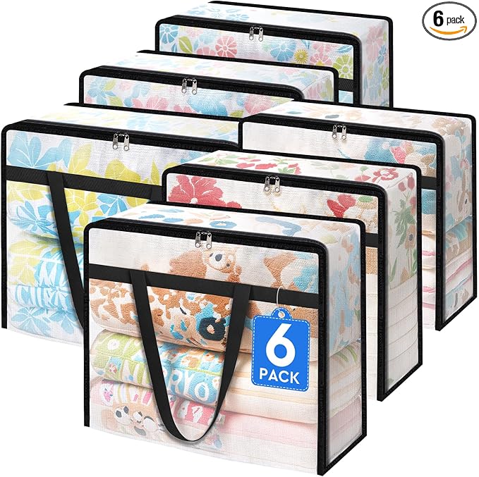 TasticTotes 6 Pack Clear Storage Bags for Comforter, Clothes & Bedding, 90L | Plastic Blanket Storage with Zipper & Handle, Foldable Moving Bags, Closet Organizer and Under-Bed Storage Containers