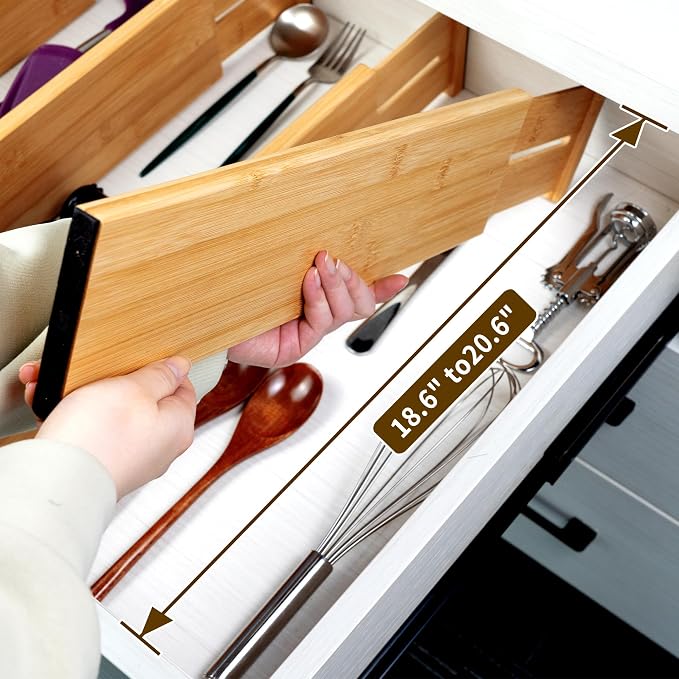 Utoplike Bamboo Drawer Dividers Large, 4" High Kitchen Drawers Organizer | Adjustable, Spring Loaded, Works in Bathroom, Bedroom, Dresser, Office, 4pcs for Clothing, Fit for 18.6"-20.6" Inner Drawer