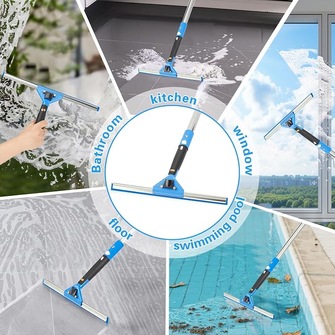 360° Rotating Window Squeegee Cleaner Kit with Extension Pole | Streak-Free Glass Cleaner for High Windows, Shower Doors & Solar Panels, Professional All-in-One Window Cleaning Tools Set