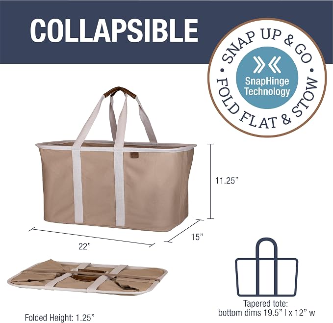 CleverMade LUXE Collapsible Laundry Tote, 50L, 2 Pack, Mocha | Cotton-blend fabric and vegan leather accents add a polished look. Long handles balance 55 lb loads, and the tote folds flat.