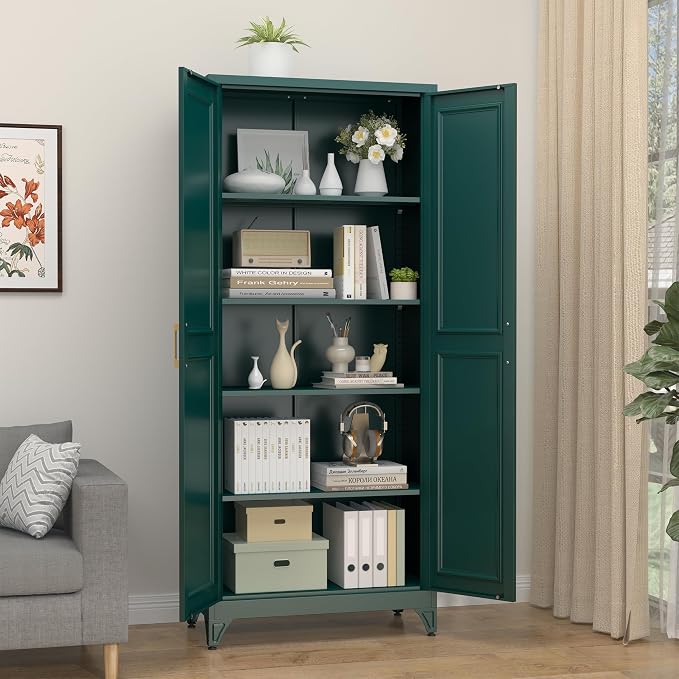 SteeLoong Kitchen Pantry Cabinet,75" Green Metal Storage Cabinets with Doors and 4 Adjustable Shelves,Kitchen Cabinet with 2 Gold Handles,Tall Cabinet for Livingroom,Pantry, Bathroom