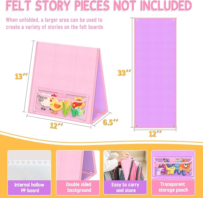AKAYOK Foldable Felt Board - Double-Sided Flannel Story Board for Preschool Learning, Interactive Storytelling & Play | 33" x 12" Portable Felt Play Board for Home & Classroom Use (Pink)