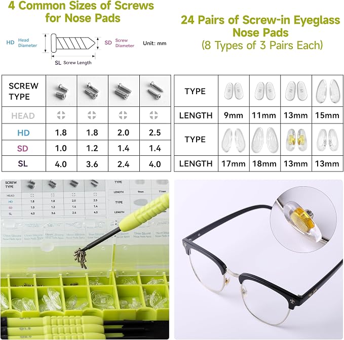 Eyeglass Nose Pads Replacement, 24 Pairs of Screw-in Glasses Nose Pads with Precision Screwdriver Set, Magnetic Eyeglass Repair Kit with Screws, Curved Tweezer for Travel, Birthday Gift, Christmas