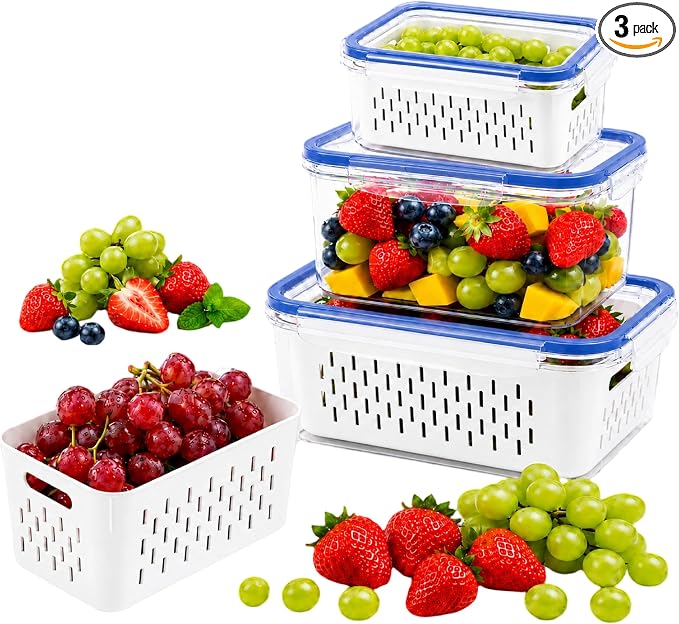 Fruit storage containers for fridge, with detachable drainer basket and airtight seal, stackable produce organizer, prolongs freshness of berries, greens, meats