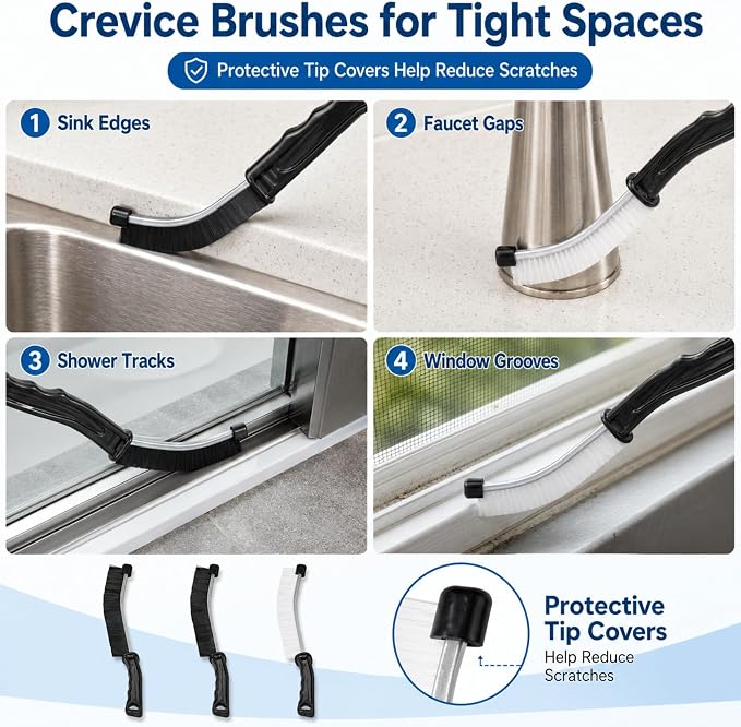 11Pcs Crevice Cleaning Brush Set, Hard Bristle Crevice Cleaning Brush Tool Kit, Thin Brush for Cleaning Tight Spaces, Gaps, Grout, Sink, Bathroom, Kitchen, Window Tracks, Bottles, Straws, with Scraper