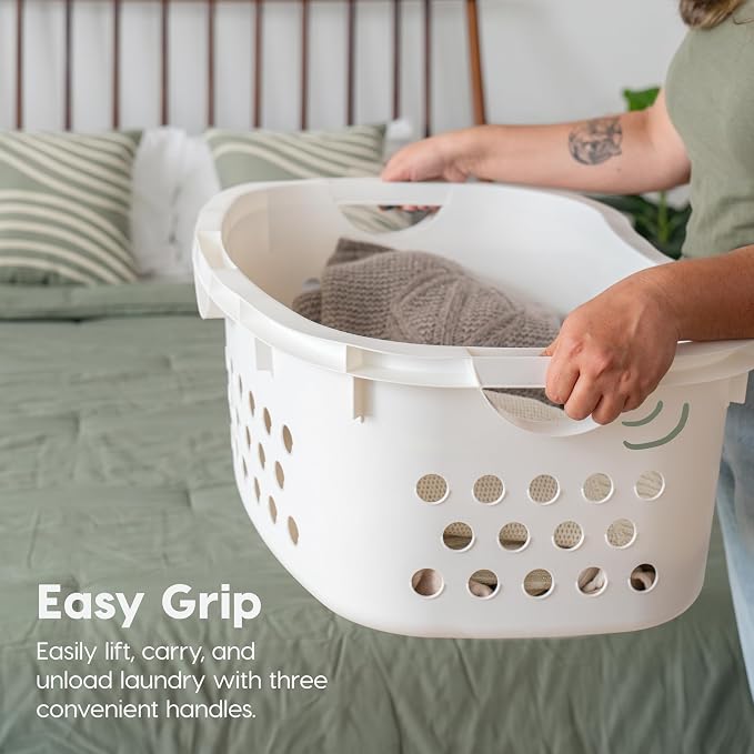 IRIS USA Plastic Laundry Basket 1.5 Bushel (50L), Built-In Handles, White | Clothes Hamper with Ventilation Holes, Reinforced Rim, Hip Hold Design, Large capacity