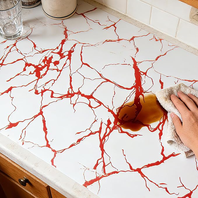 Red Marble Pattern Shelf Liner, Non-Adhesive Non-Slip Thickened Drawer Liner, Easy to Clean Contact Paper for Kitchen Cabinets, Tool Box, Refrigerator, Includes Knife & Tape Measure.17.3×236.22inch