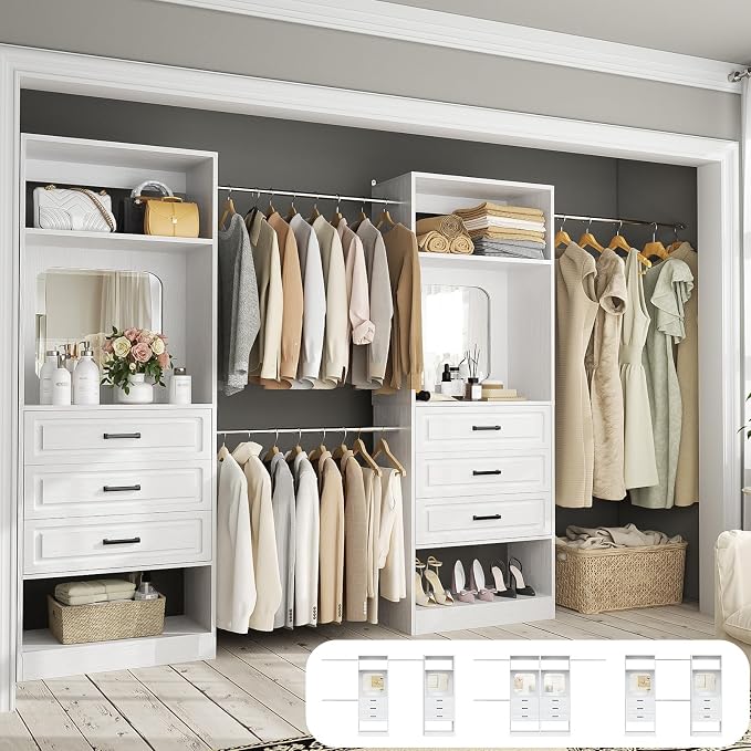 Unikito Closet System with 6 Drawers, 6-14Ft Closet Organizer with Mirror, Walk-in Closet Organizer Wardrobe Clothes Rack with 3 Hanging Rods, Sturdy Wood Clothing Garment Rack with Tower, White