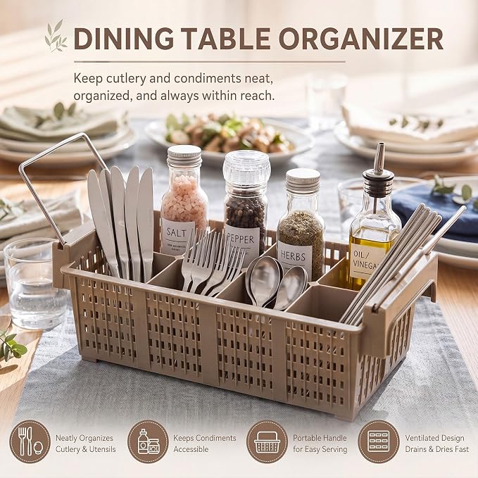 Maxdot 16inch Dishwasher Silverware Cutlery Basket 8 Compartments Washing Basket with Handle Utensil Holder Silverware Drying Rack for Kitchen Commercial (Coffee,Portable)