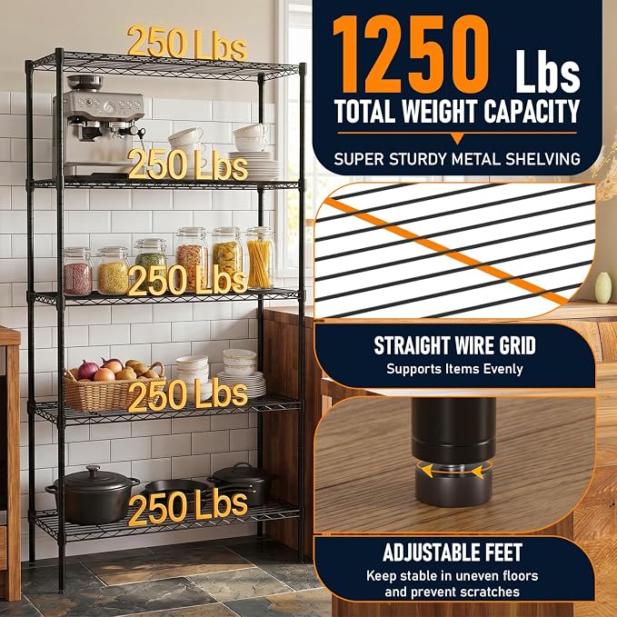 FDW 14" D×36" W×72" H Wire Shelving Unit Commercial Metal Shelf with 5 Tier Adjustable Layer Rack Strong Steel for Restaurant Garage Pantry Kitchen Garage，Black