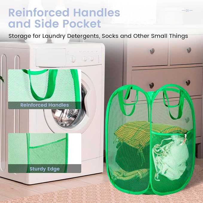 HOUSE AGAIN 2 Pack Strong Mesh Pop Up Laundry Hamper, 70L Collapsible Laundry Basket with Steel Frame, Double‑Stitched Handles & Side Pocket, Foldable Dirty Clothes Hamper for Dorm, Bedroom, Green