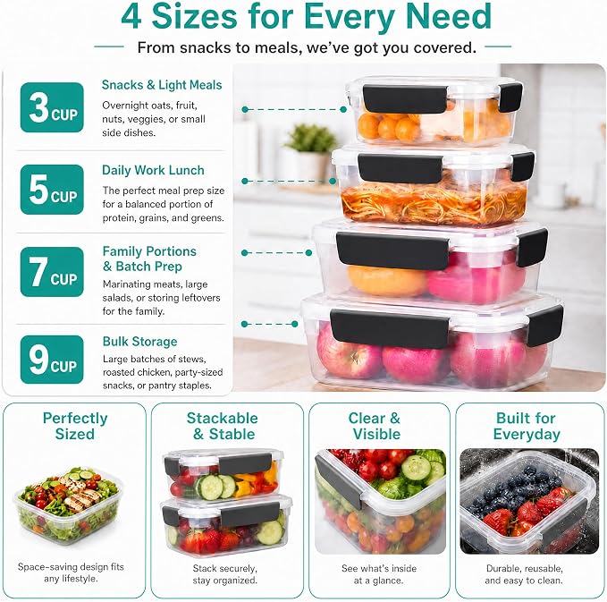 YORY 7cup Plastic Food Storage Containers With Lids For Leftover,5pk | BPA free,Stackable and Nestable,Snaplock Lid ,Freezer Dishwasher Microwave Safe