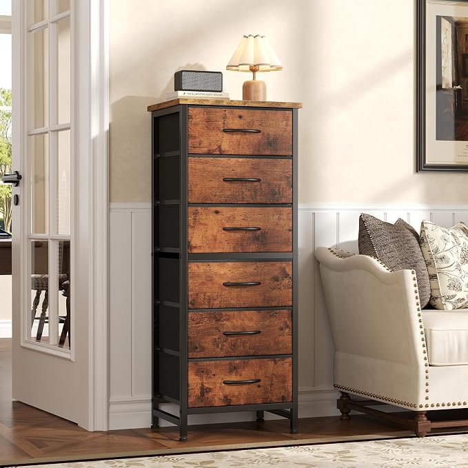 Sweetcrispy Tall Fabric Dresser for Bedroom, 6 Drawer Chest of Drawers | Narrow Storage Tower with Wood Top and Metal Frame, Vertical Nightstand for Closet, Bedroom Organization Furniture, Brown