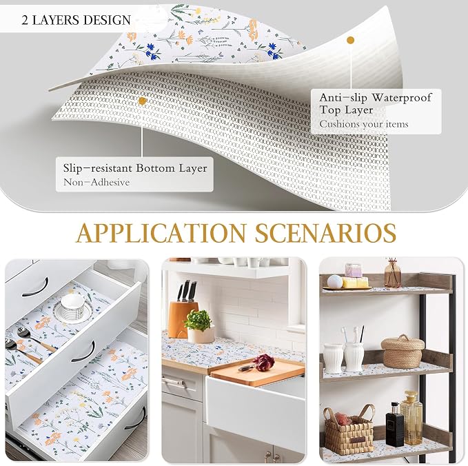 Beautysaid Shelf and Drawer Liner for Kitchen Cabinet Non Adhesive Non Slip | Shelf Paper Waterproof Washable Thickened for Dresser Pantry Shelve Bathroom Protector Liner(Floral,12 in x 30 FT)