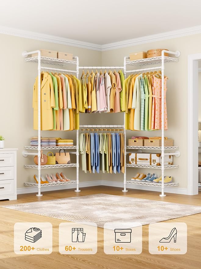 ULIFHOME M6 Clothes Rack for Wall Mounted, Heavy Duty Closet Wardrobe System with 8 Shelves and 4 Hanger Rods, 68.5" W x 11.8" D x 86.6" H Clothing Storage Organizer for Holding 1064lbs, White
