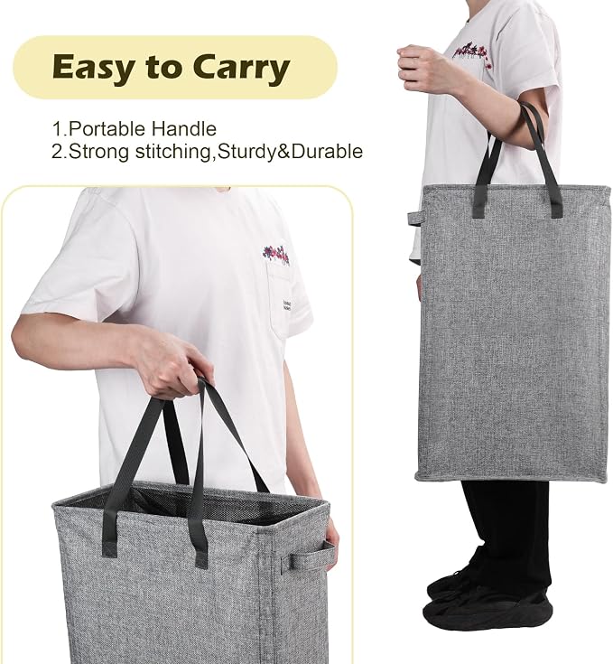 Odonata Slim Laundry Hamper Handles Collapsible Laundry Basket Thin Dirty Clothes Basket Narrow Laundry Bag Foldable Dirty Hamper 45L (Heather Grey)