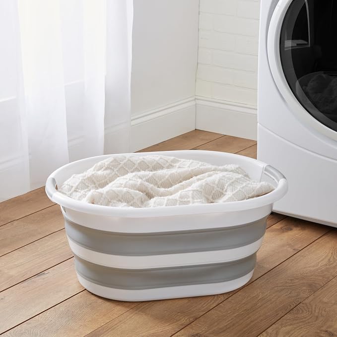 Laundry 360 Collapsible Laundry Basket | Portable | Space Saver Storage | 27 Liter Capacity | Store Under the Bed or Closet | Good for Kids | Dorm | Bedroom | Large | White/Grey