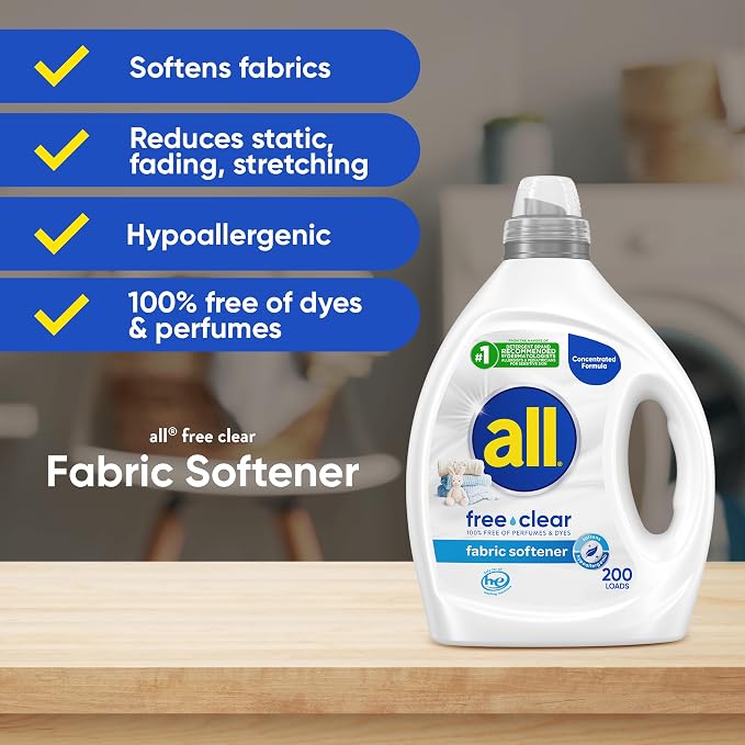 all free clear, Original, Liquid Fabric Softener for Sensitive Skin, Unscented and Hypoallergenic, Concentrated, 80oz, 200 Loads
