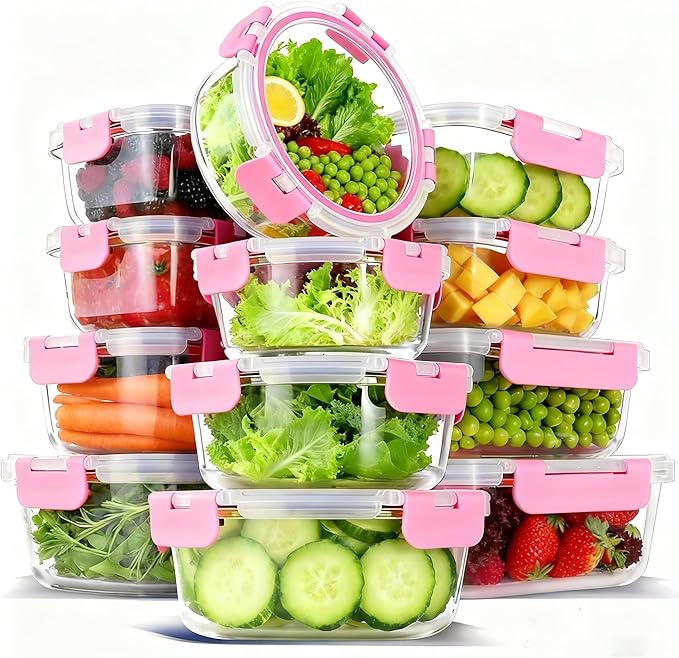 12 Pack Glass Food Storage Container Set with Lids Non Toxic, Stackable Borosilicate Glass Meal Prep Containers, Microwave, Oven, Freezer and Dishwasher Safe (Pink-12)