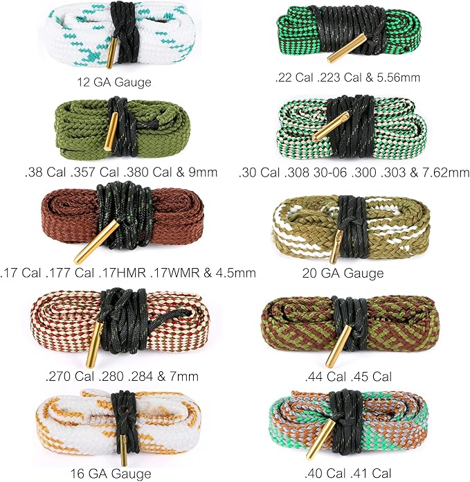 2Pack/3Pack Bore Rope Brush Gun Cleaner Cleaning Snakes, Barrel Snake for 5.56mm/.223/.22/9mm/Cal .380/12 GA/. 30 Cal/.308/.44 Cal. Rifle Shotgun Gun Cleaning(Choose Your Cal)