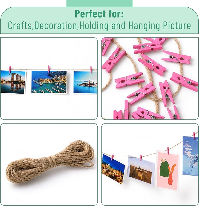 Mr. Pen- Mini Wooden Clothes Pins for Photo, 1 Inch, 200 Pack, Pink Small Clothespins with 10 Meter Jute Twine for Scrapbooking, Labeling Plants, Gift Tags, Tiny Crafts, Photo Display, Decoration