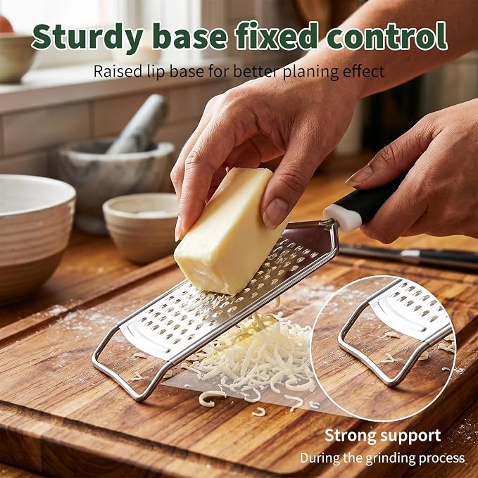 Butter Grater, Handheld Grater for Kitchen, Stainless Steel, Won't Rust, Non-Slip Handle, Durable Soft Grip, Flat Shredder for Cheese, Easy to Rinse, Works for Shredding Butter in Kitchen, Black