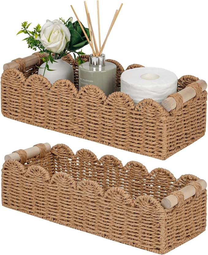 CubesLand Bathroom Basket Organizer, Toilet Tank Paper Storage Baskets 2PK | Scalloped Decorative Basket for Countertop w/Handle, Wicker Basket for Bathroom Decor, Home Decor, Living Room, Neutral