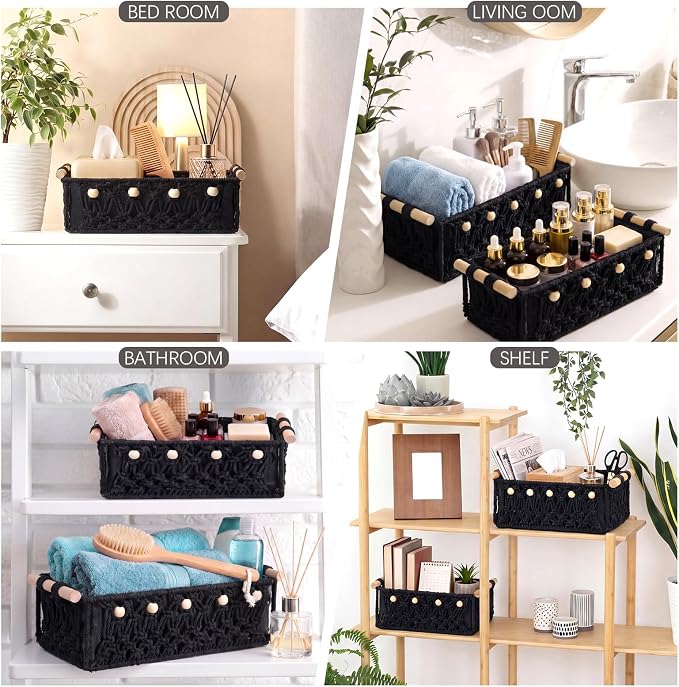 Vesici 4 Pcs Black Macrame Storage Basket for Shelves 13 in 11 in Boho Storage Basket Hand Woven Boxes with Wood Handles Beads Decorative Countertop Toilet Tank Cabinet Organizer for Home Room Decor