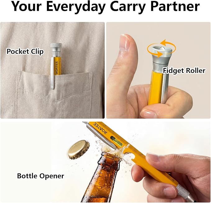 ROATEE Fathers Day for Men Multi Tool Pen 12 in 1 Cool Stuff Gadgets Gifts for Husband Birthday Personalized Gift for Dad Fidget Construction Pen with Small Screwdriver, Level, Ruler,Led Light,Yellow