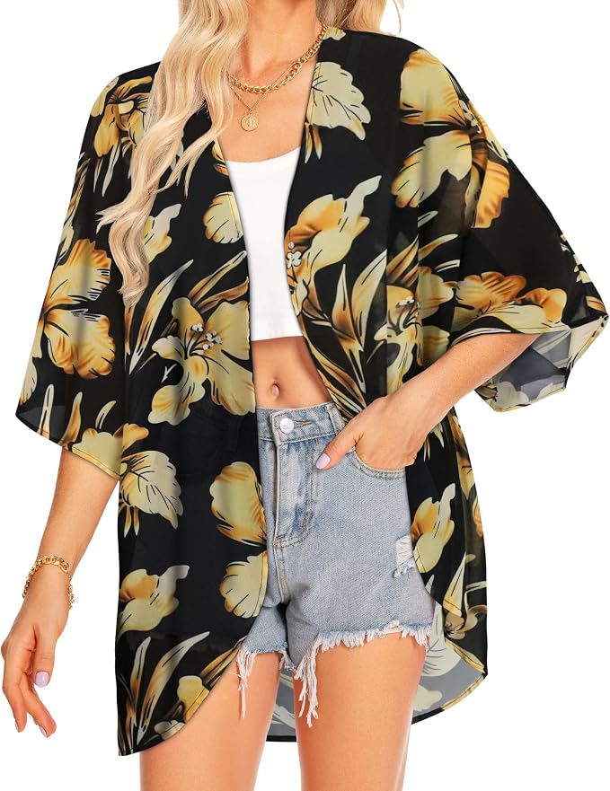 Women Kimono Cardigans Summer Cover Up Hawaiian Shirts Floral Print Tops | ROSEMIA chiffon kimono open front cardigans, beach cover ups, daily casual tops, cruise outfits, summer resort wear