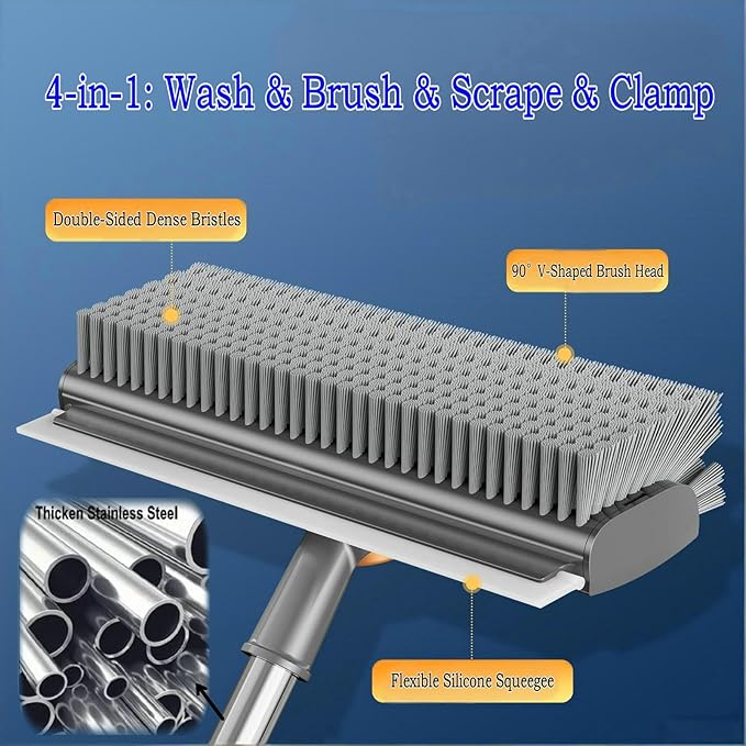 4 in 1 Floor Scrub Brush with Squeegee Long Handle Grout Brush 52'' 2026 Upgraded Multi-Functional Stiff Bristle Cleaning Scrub Brush Rotating Tile Brush for Cleaning Bathroom Patio, Pool, Garage