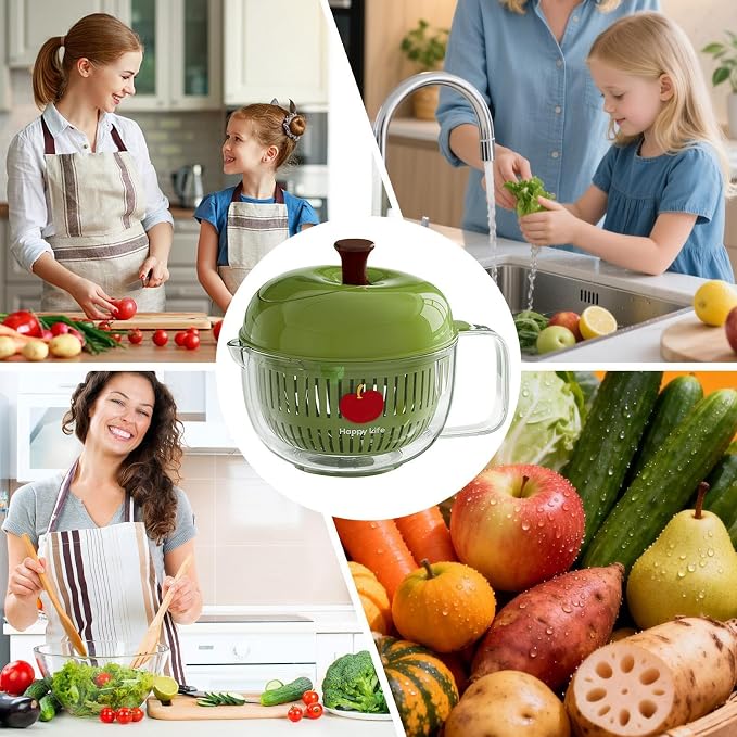 Salad Spinner, Hand Cranked Fruit Washing Spinner with Handle, Multifunctional Fruit and Vegetable Washing Bowl with Drain Basket, Reusable Salad Dehydrator Drainer for Home Kitchen