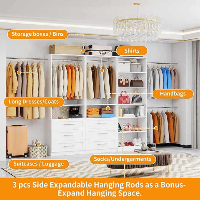 Closet System with 3 Sets, 6FT-15FT Closet Organizer Systems with 6 Wooden Drawers 8 Shelves & 4 Hanging Rods, Walk in Closet freestanding Corner Modular Closet Storage System White (6FT)