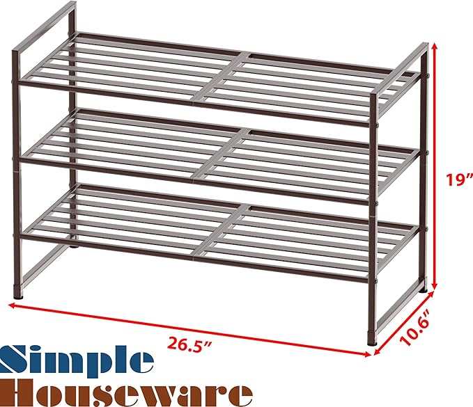 Simple Houseware 3-Tier Stackable Metal Panel Shoe Rack, Bronze | 9 Pairs of Shoes Storage Organizer for Closet, Entryway, Garage & Corridor