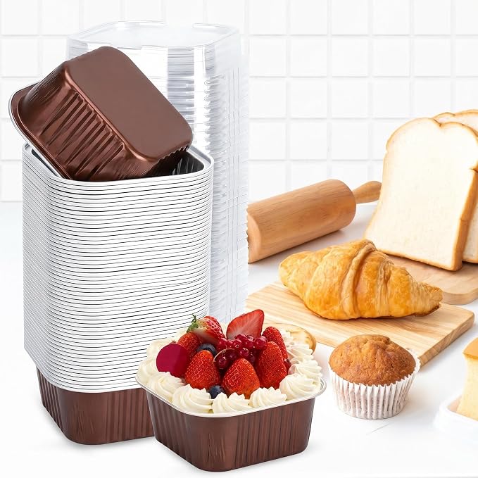 60Pack 5oz Brown Mini Cake Pans with Lids Baking Cups Aluminum Foil Pans Tins, Individual Dessert Cups Containers for Sales,Party,Picnics
