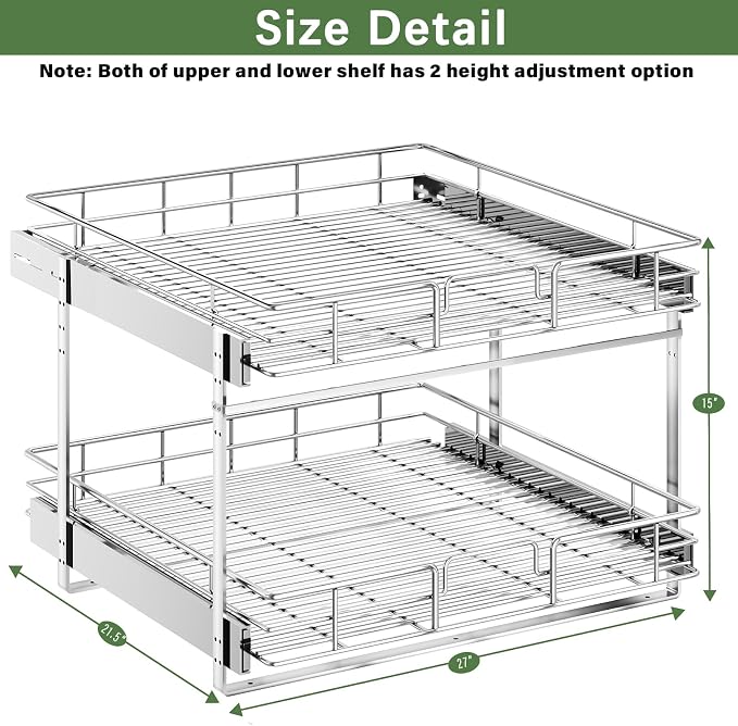 LOVMOR 2 Tier Individual Pull Out Cabinet Organizer 27" W x 21½" D, Slide Out Kitchen Cabinet Storage Sliding Shelves