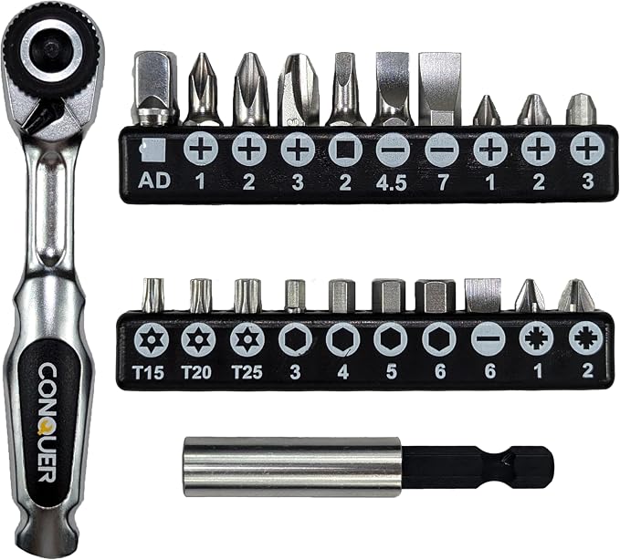 CONQUER 22pc Mini Ratchet Screwdriver Set, 1/4" Right Angle Phillips Kit | 72-tooth gear, 5° swing, 48 ft-lbs torque, Cr-V/S2 steel, spin disk, quick-release bits, EVA tray, EDC tight-space tool