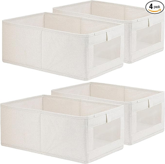 Fordonral 4 Pack Linen Storage Bins, Storage Containers for Organizing Clothing, Jeans, Toys, Books, Shelves, Closet, Wardrobe - Closet Organizers and Storage, Large Storage Boxes Baskets with Window