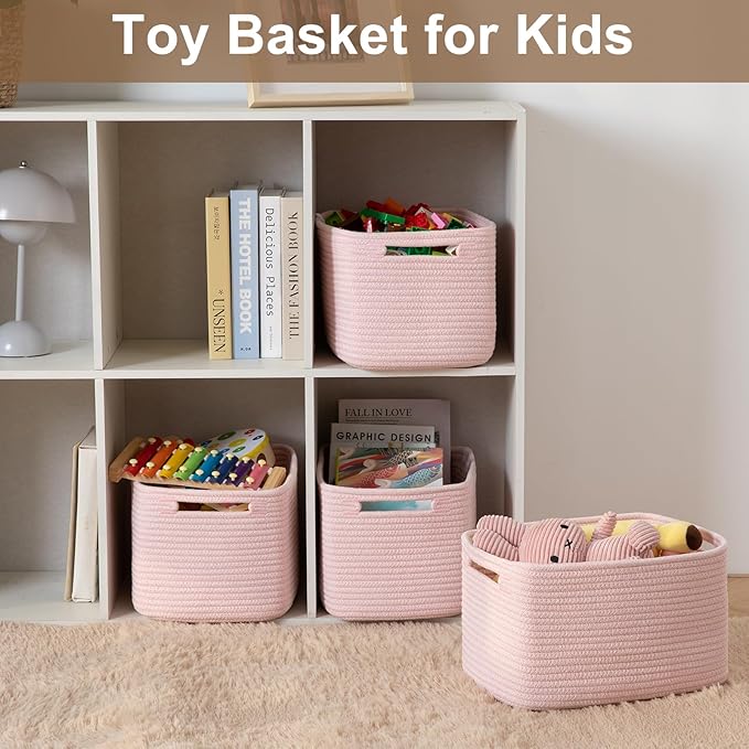 OIASKET Storage Baskets for Organizing, Woven Decorative Baskets for Shelves - Books, Towels, and Clothes, Cotton Rope Toy Storage Bins, 12.7''Lx9''Wx7.8''H, Pack of 4, Pink