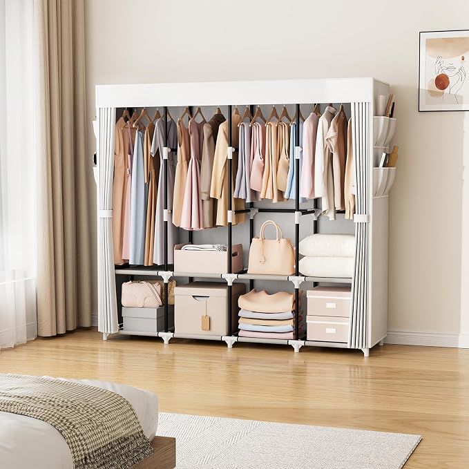 VTRIN Portable Closet for Hanging Clothes 67 Inch Wide Large Capacity Portable Wardrobe Closet with Cover, 4 Storage Shelves and 4 Hanging Rod Sturdy Free Standing Closet for Bedroom, White
