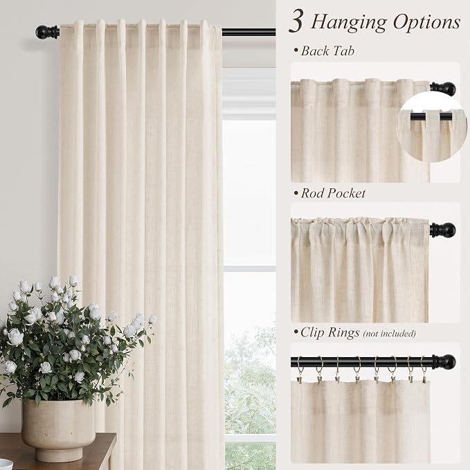 Hokibero Cream Linen Curtains 78 Inches Long for Living Room 2 Panels | Light Filtering Semi Sheer Curtain, Back Tab Rod Pocket Pleated Look, Beige Window Drapes for Bedroom Privacy, Boho Farmhouse