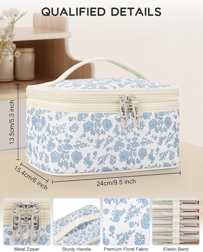 Relavel Travel Makeup Bag, Large Floral Cosmetic Bag with Makeup Brush Compartment, Portable Makeup Pouch for Women, Double Layer Makeup Organizer Bag Cute Toiletry Bag
