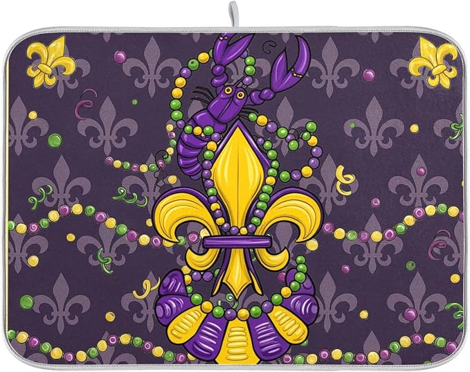 Happy Mardi Gras Purple Dish Drying Mat for Kitchen Countertop 18x24 Fleur de Lis Lobster Large Drying Mat Reusable Quick Dry Dish Sink Mats Easy Clean Decorative Essentials