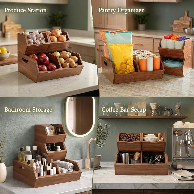 Acacia Wood Pantry Storage Bins Set of 3, Stackable Kitchen Storage Baskets for Potatoes, Onions and Produce, Handcrafted Wooden Organizer for Pantry, Counter and Cabinet
