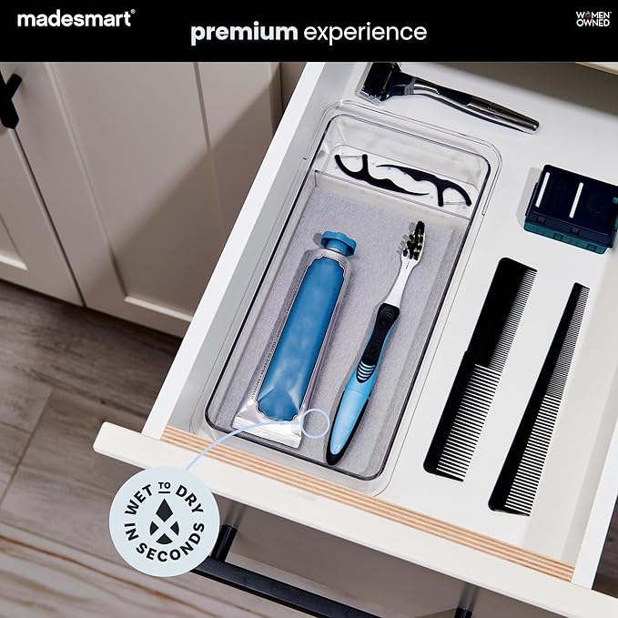 madesmart Toothbrush Drawer Organizer with Drying Stone, Clear Dental Organizer Tray for Bathroom Drawers, Toothpaste Holder, Dental Floss, Water Flosser and Mouthwash Storage, 12 Inch
