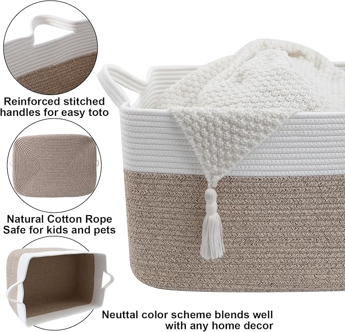 96L Laundry Basket with Handles, Extra Blanket Basket, White/Brown | 24"×16"×15" Collapsible Cotton Rope Storage Basket for Toys Clothes & Pillows, Nursery, Bathroom, Bedroom, Living Room