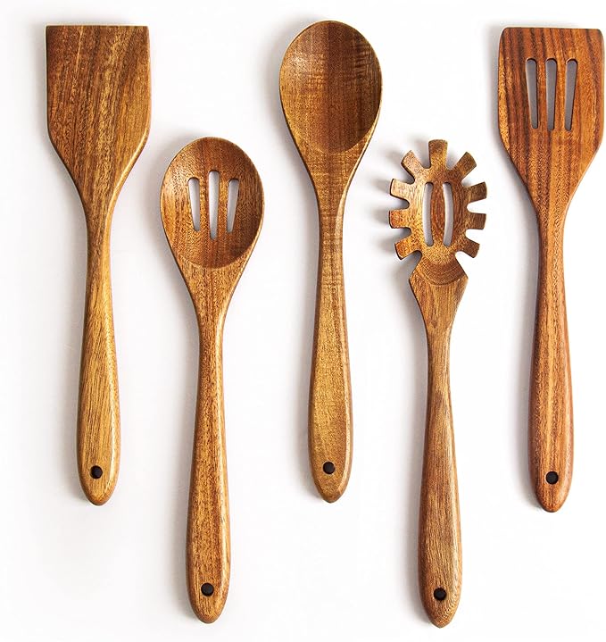 KITEISCAT Acacia Wooden Spoons for Cooking: 5-Piece Kitchen & Cooking Utensils Set - Wooden Spatula, Slotted & Pasta Spoon - Essential Wooden Utensil Set