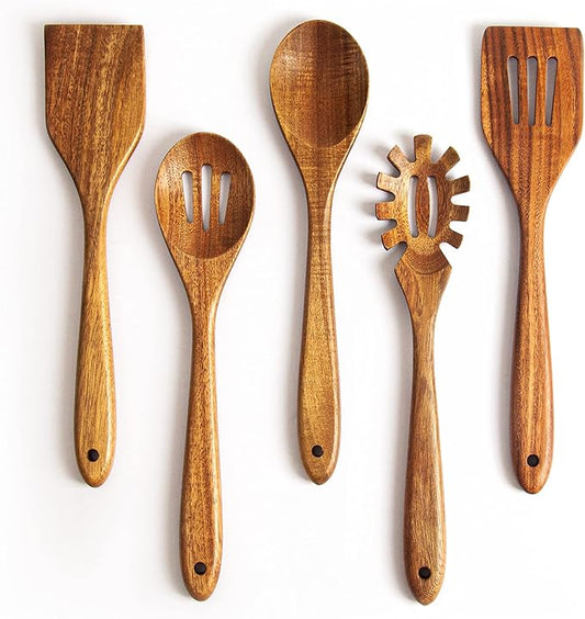 KITEISCAT Acacia Wooden Spoons for Cooking: 5-Piece Kitchen & Cooking Utensils Set - Wooden Spatula, Slotted & Pasta Spoon - Essential Wooden Utensil Set