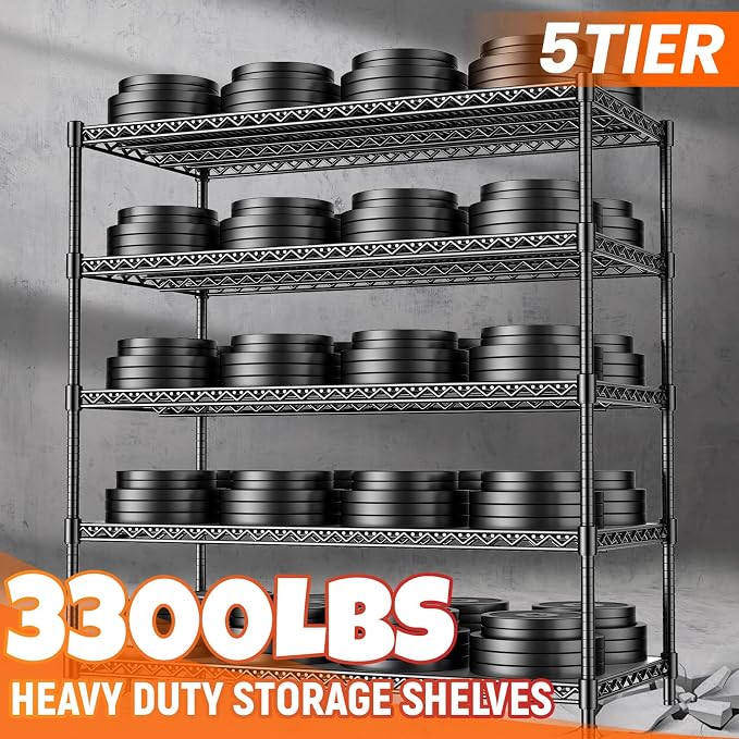 24" D Storage Shelves 3300 LBS Heavy Duty Garage Shelving, 5 Tier Metal Shelving Adjustable Wire Shelving Unit with Liners, 55" W x 24" D x 72" H for Commercial Warehouse, Black