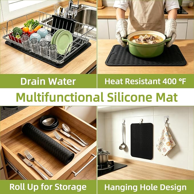 Dish Drying Rack-Large Stainless Steel Dish Drainer Over The Sink for Kitchen Countertop with Utensil Holder and Silicone Drying Mat(Gold, in Sink, 24.2'*13.2')